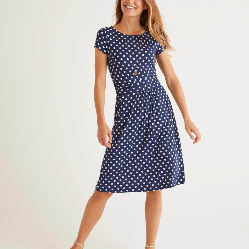 BODEN Amelie Pockets Blue White Polka Dot Cap Sleeves A-line Skirt Dress Size 4